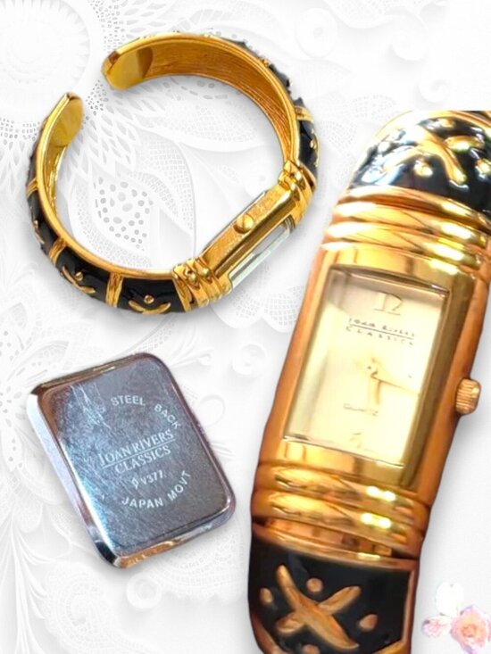 Joan Rivers Gold Black Enamel Bangle Watch Bracelet Vintage Statement WORKS main image 6